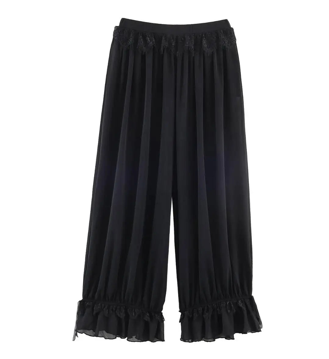 LIZAKOSHT  -  Spring Summer Black Chiffon Lantern Pants Women Spliced Lace Elastic Waist Ruffles Cuff Long Loose Trousers Full Length Bottom