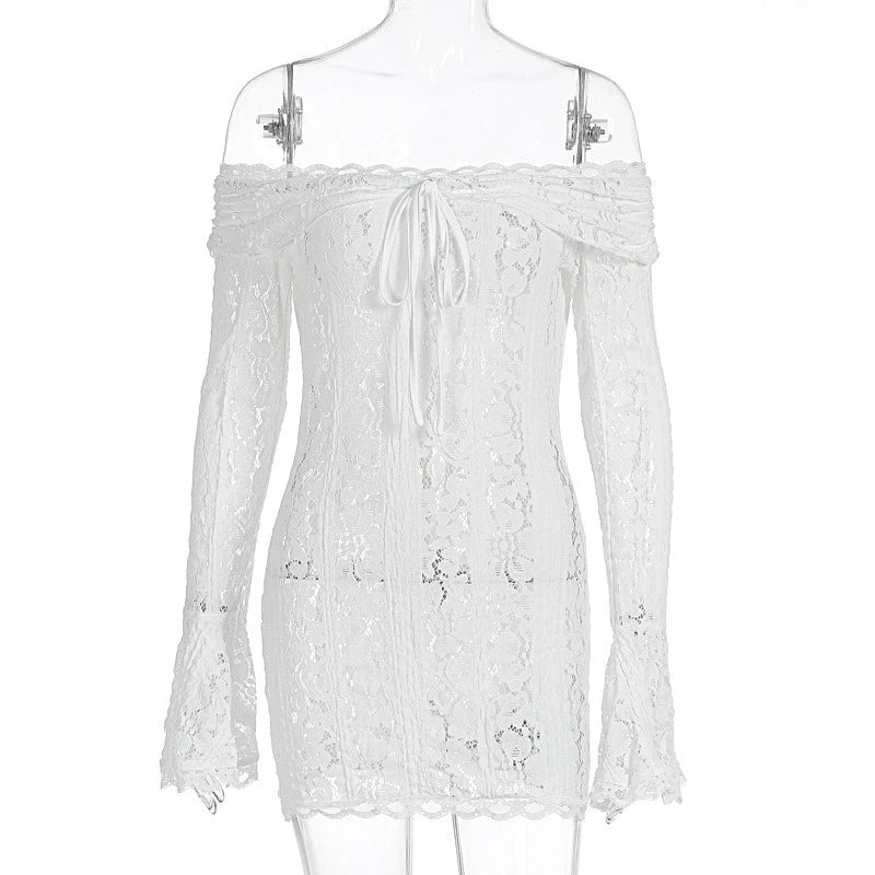 LIZAKOSHT  -  Sexy Slim One Shoulder Lace Dress Women's Stylish High-Waist Lace Up Flared Sleeves Party Club Dresses Female Summer New