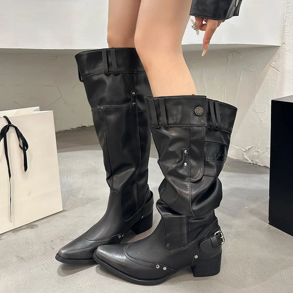 LIZAKOSHT  -  Wasteland Vintage Suede Wide Legs Cowboy Boots Women Retro y2k Western Boots Belt Strap Knee High Boots Shoes Square Heels