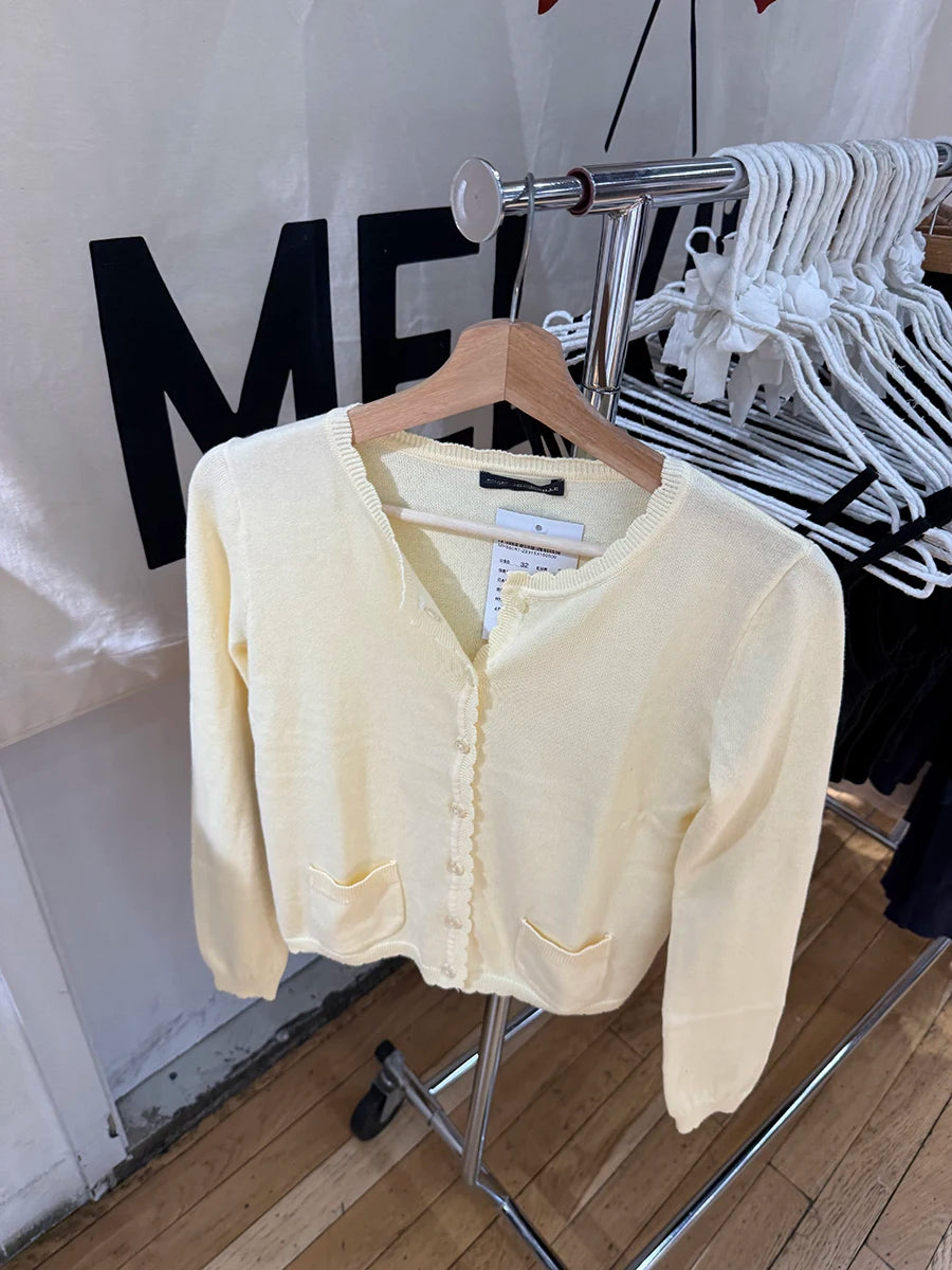 LIZAKOSHT  -  Pockets Yellow Knitted Cardigan Women Lace Trim O-Neck Cotton Long Sleeve Sweaters Autumn Sweet Preppy Style Knitwear Y2k Tops