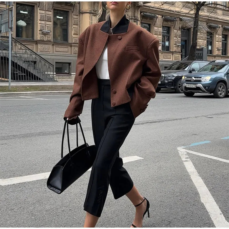 LIZAKOSHT  -  Women Vintage Lapel Neck Jackets Temperament Full Sleeve Pockets Short Jacket 2025 Autumn Lady Chic Daily Commute Outerwear