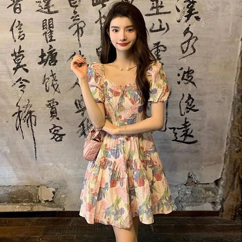 LIZAKOSHT  -  Vestidos Mujer Print Floral Puff Sleeve Spring Summer Mini Dresses Sweet Vintage Korean Fashion Elegant Woman Dress