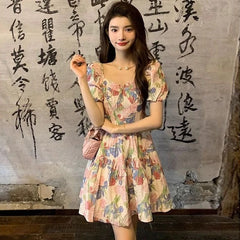 LIZAKOSHT  -  Vestidos Mujer Print Floral Puff Sleeve Spring Summer Mini Dresses Sweet Vintage Korean Fashion Elegant Woman Dress