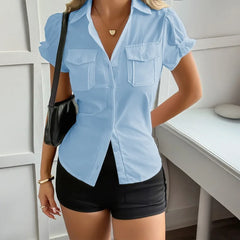 LIZAKOSHT  -  2026 Spring and Summer Y2K Spice Girl Style Solid Color Short-sleeved Women's Button-up Shirt