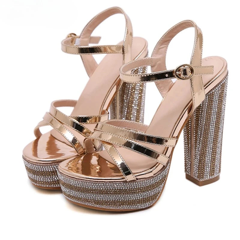 LIZAKOSHT  -   Crystal Rhinestone Platform Thick High Heel Women Sandals Sexy Peep Toe Ankle Buckle Strap Party Gladiator Shoes