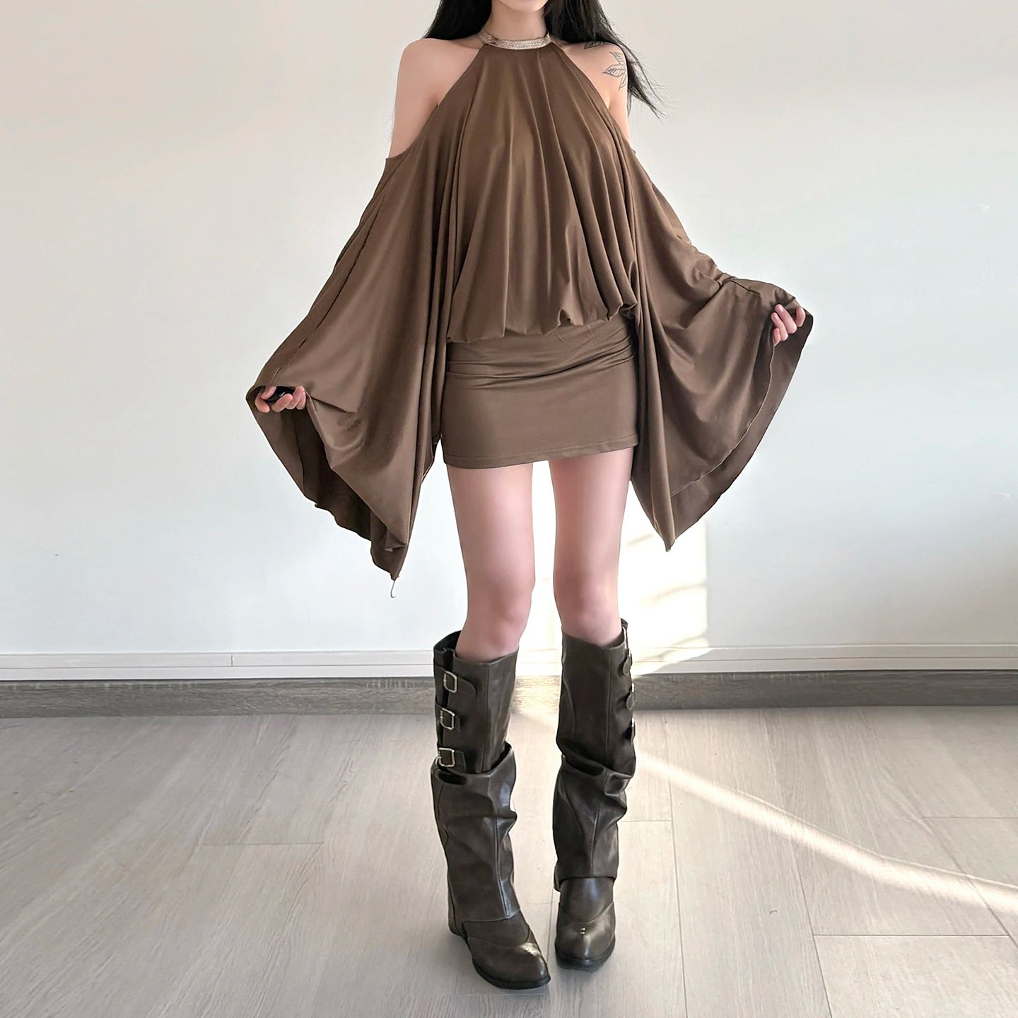 LIZAKOSHT  -  New European and American Hot Girl Style Strapless Backpack Hip Sexy Loose Bat Sleeve Dress Design Halter Neck Skirt