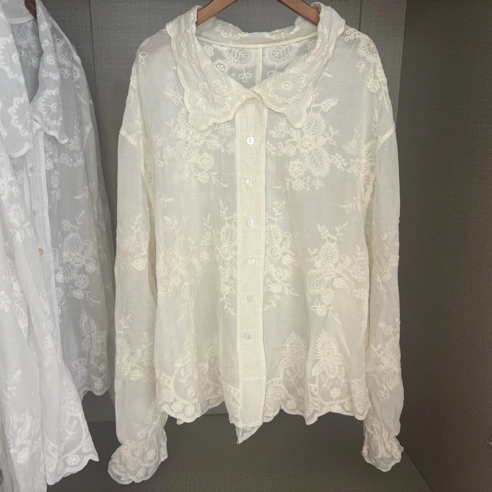 LIZAKOSHT  -  Early Autumn New Hot Selling Cotton Light Luxury Embroidered Flower Long Sleeve Loose Premium Sunscreen Shirt