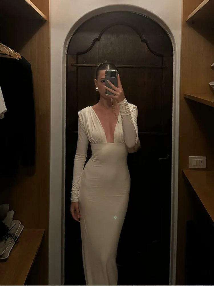 LIZAKOSHT  -  Sexy Deep V Neck Slim Hollow Out Gowns Women Solid Silk Pleated Long Sleeve Slim Maxi Dress New High Street Club Lady Vestidos