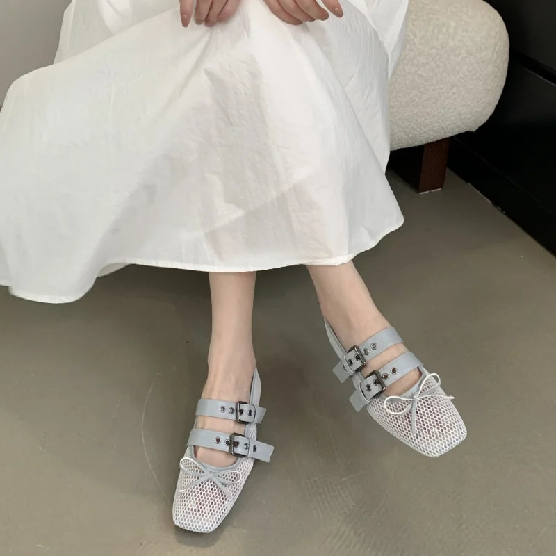 LIZAKOSHT  -  Summer Designer Mesh Women Ballet Shoes Fashion Butterfly-Knot Shoes SQUARE BUCKLE Beach Roman Sandals