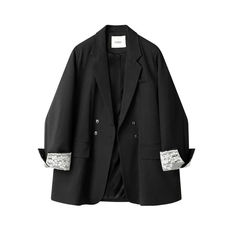 LIZAKOSHT  -  Women Double-breasted Blazers Elegant Lace Patchwork Cuffs Design Large Lapel Jacket Versatile Office Casual Loose Outer Coats