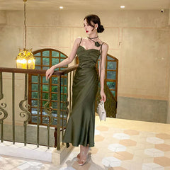 LIZAKOSHT  -  Satin Suspender Midi Dresses for Women New Summer Elegant Party Evening Clothes Female Fashion Sexy Slim Green Dress Vestid