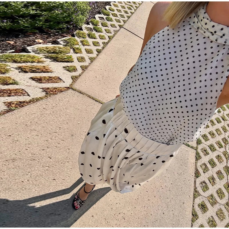 LIZAKOSHT  -  Dot Print Skirts Suits Women Halter Lace Up Sleeveless Irregular Sets Female 2025 Summer Fashion Chic Elastic Waist Street Set
