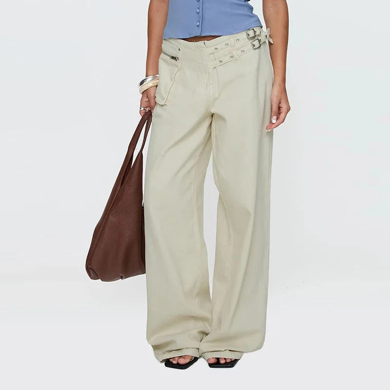 LIZAKOSHT  -  Street Belt Women Jeans Mid Waist Wide Leg Pockets Loose Female Denim Pants Autumn New Fashion All-match Lady Trousers
