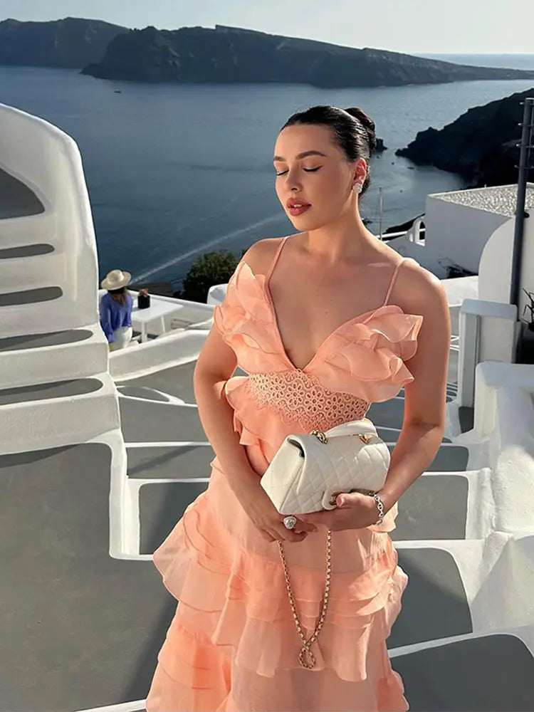 LIZAKOSHT  -  Cascading Ruffle Slip Women's Dress V-neck Sleeveless Hollow Out Waist Cinching Evening Party Dresses 2025 Summer Elegant Robe