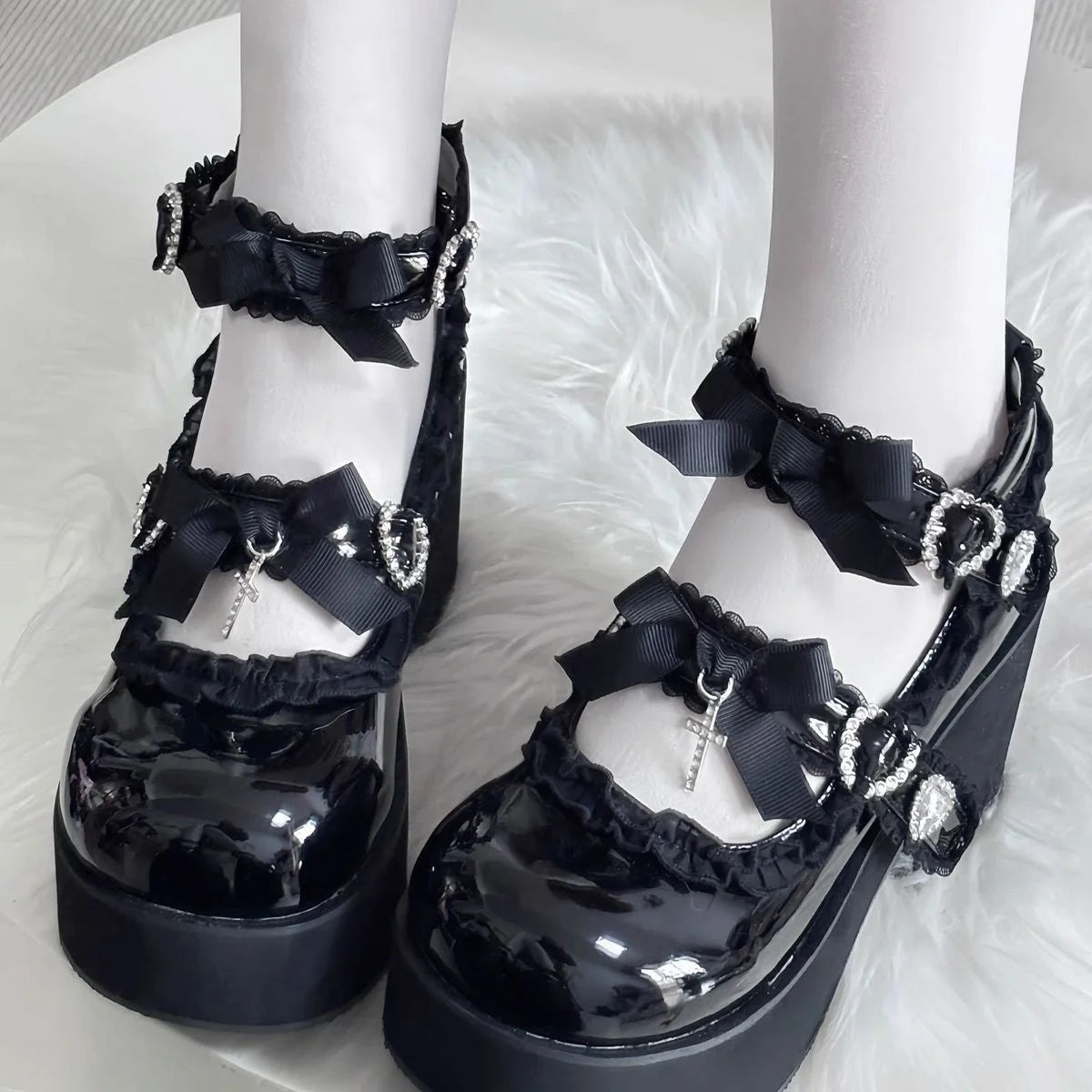 LIZAKOSHT  -   Heightening JK Lolita Leather Shoes Punk High Heel Pumps Cross Stitch Lace Up Platform Thick Sole Versatile Cosplay Loafers