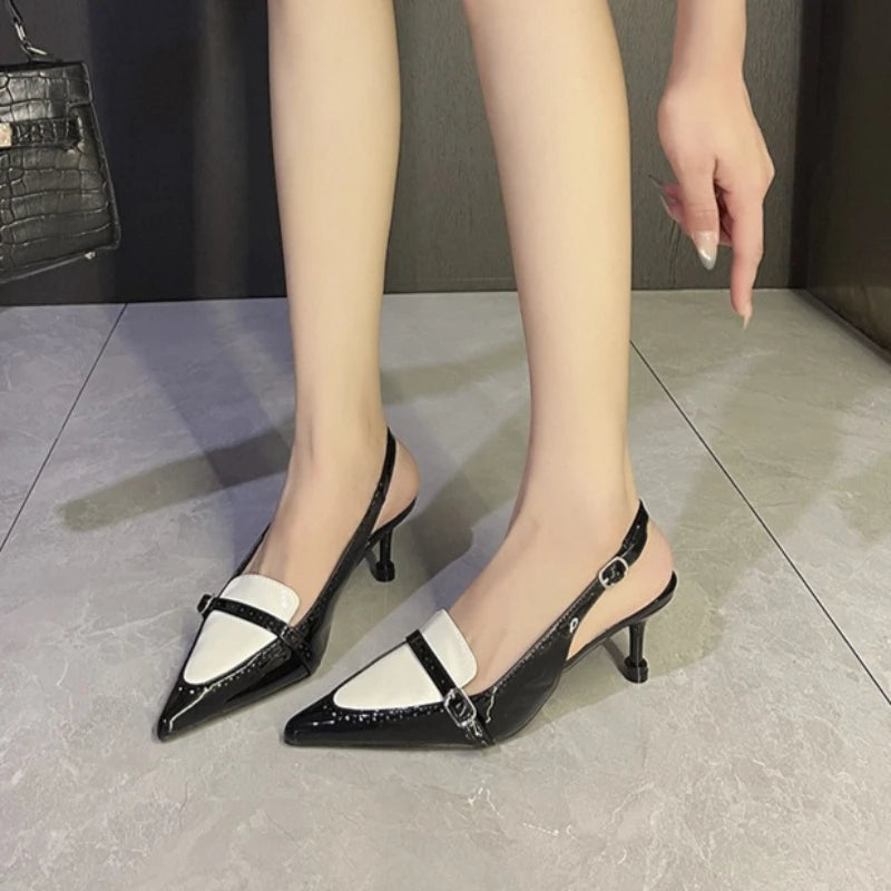 LIZAKOSHT  -  Elegant Kitten Heel Women Sandals Patent Leather Pointed Toe Mules Office Shoes Sexy Slingback Shoes Women Pumps Escarpins Femme