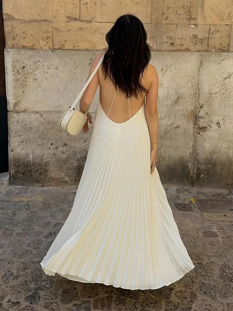 LIZAKOSHT  -  Sexy Backless Women Pleated Halter Maxi Dress Fashion Loose Sleeveless Solid Dresses 2024 Summer Female Chic Vacation Robes