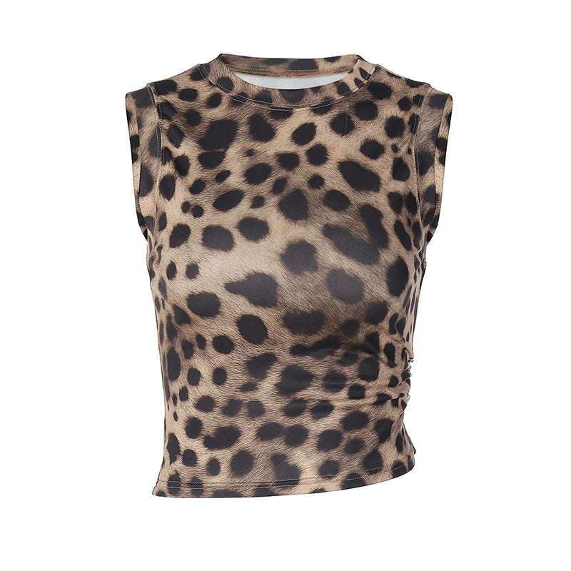 LIZAKOSHT  -  Hot Girls Y2K Irregular Vest Sexy Casual Street Club Crew Neck Sleeveless Leopard Print Skinny Trendy Folds Short Tank Tops