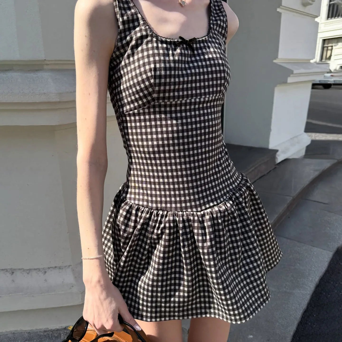 LIZAKOSHT  -  Women 2025 Square Collar Low Waist Sleeveless Summer Plaid Pattern A-line Mini Dress Sweet Girl's Street Party Vestidos