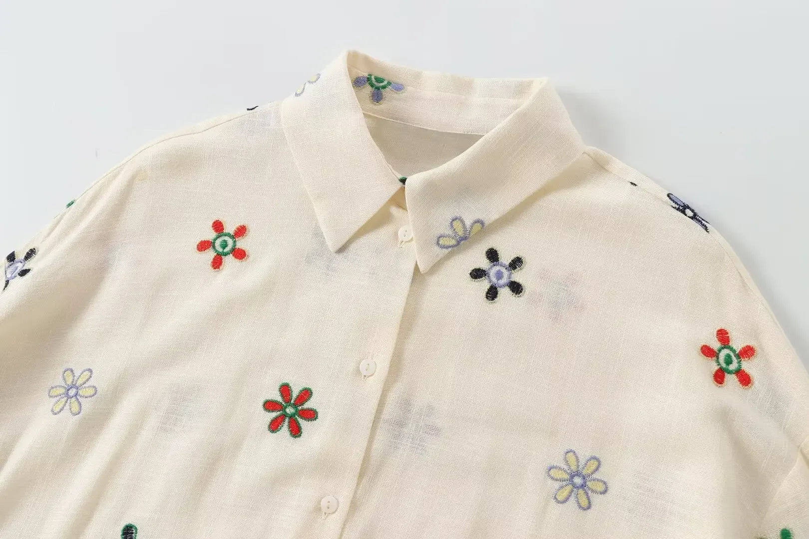 LIZAKOSHT  -  Holiday Embroidery Floral Shirts Women Blouses Suit Tops Two Piece Sets with Button Summer Vintage Elegant Woman Pant Suit