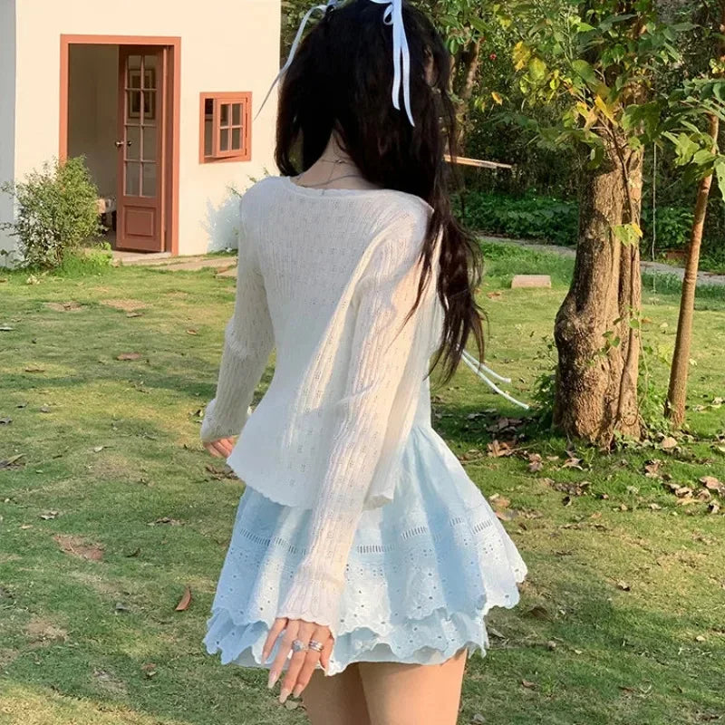 LIZAKOSHT  -  Sweet Mini Dress Women Vacation Beach Fashion Ruffles Lace Up Dresses Summer Y2K Korean Spaghetti Straps Bodycon Vestidos