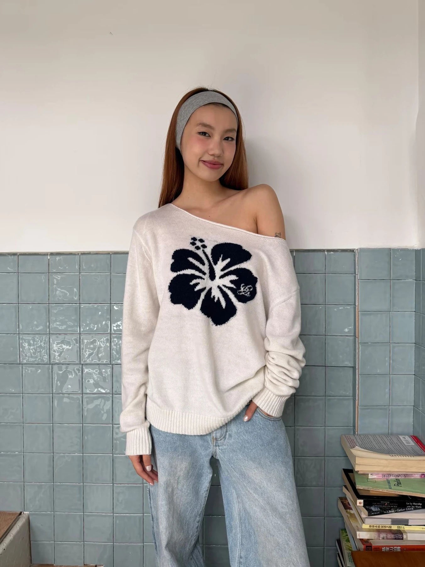 LIZAKOSHT  -  Flower Jacquard Sweater Woman Autumn Raw Hem Sexy Slash Neck Long Sleeve Pullover Female Vintage Sweet Preppy Style Jumpers Top
