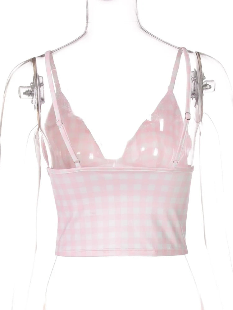 LIZAKOSHT  -  Girls Summer Deep V-neck Plaid Camisoles Y2K Woman Clothing Sexy Sleeveless Backless Crop Tops Pink Corset Streetwear