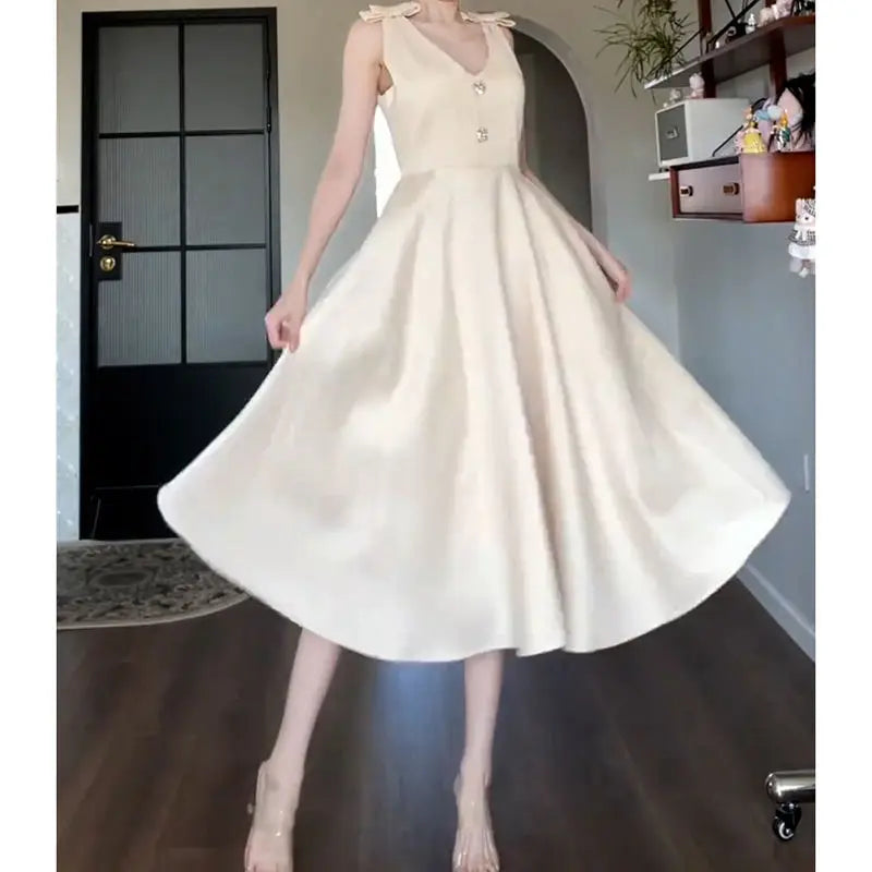 LIZAKOSHT  -  Summer Champagne Bow A Line Dress Women Elegant Slim Waist Party Dress