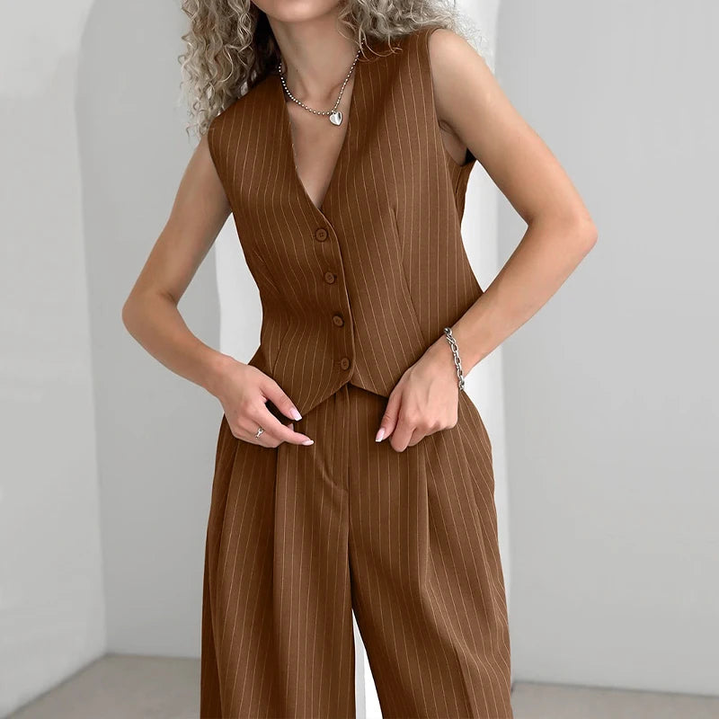 LIZAKOSHT  -  Office Lady Summer Striped Solid V Neck Buttons Sleeveless T-shirt and High Waist Wide Leg Pants Two Piece Sets For Women