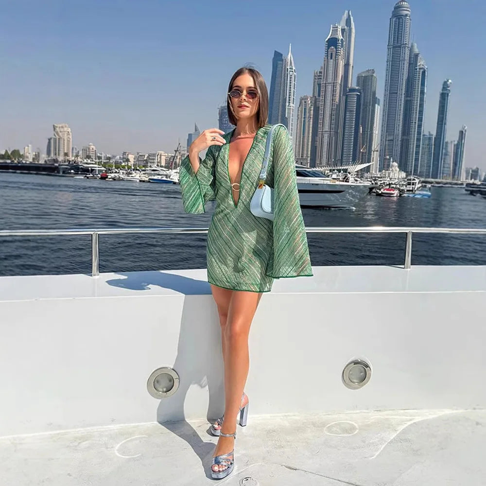 LIZAKOSHT  -  Women Striped  Mini Dress Fashion Long Flare Sleeve Deep V-neck High Waist Short Vestidos  Autumn Lady Casual Robe