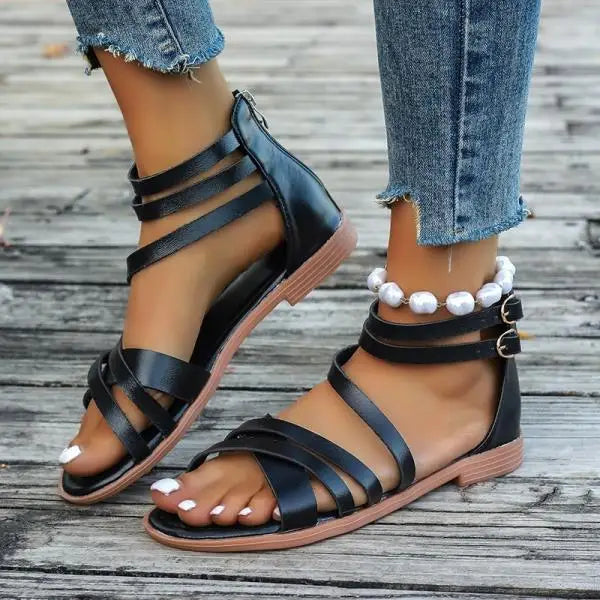 LIZAKOSHT  -  Cross Low Sandals Woman Leather Suit Female Beige Large Size Round Toe Shoes 2025 Summer Low-heeled Black Closed Fashion Big Bea