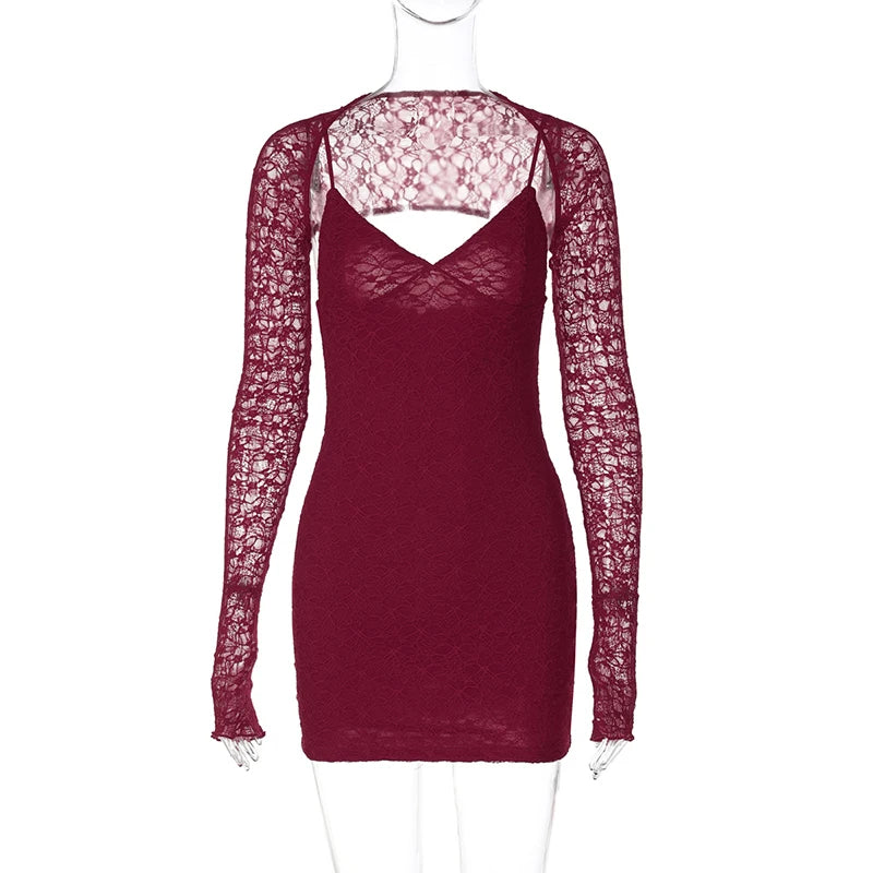 LIZAKOSHT  -  Sexy Charming Lace See-through Long Sleeve Cardigan Tops+Spaghetti strap V-neck Skinny Mini Dress Fashion Party 2Pcs Outfit
