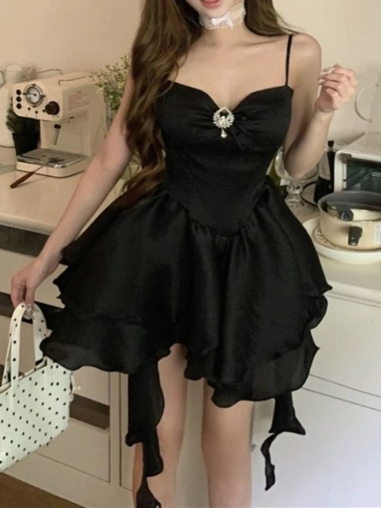 LIZAKOSHT  -  French Luxury Sweet Dress Women Slim Fit Waist Cinched Spaghetti Strap Puff Mini Dress Birthday Party Princess Fashion Clothes