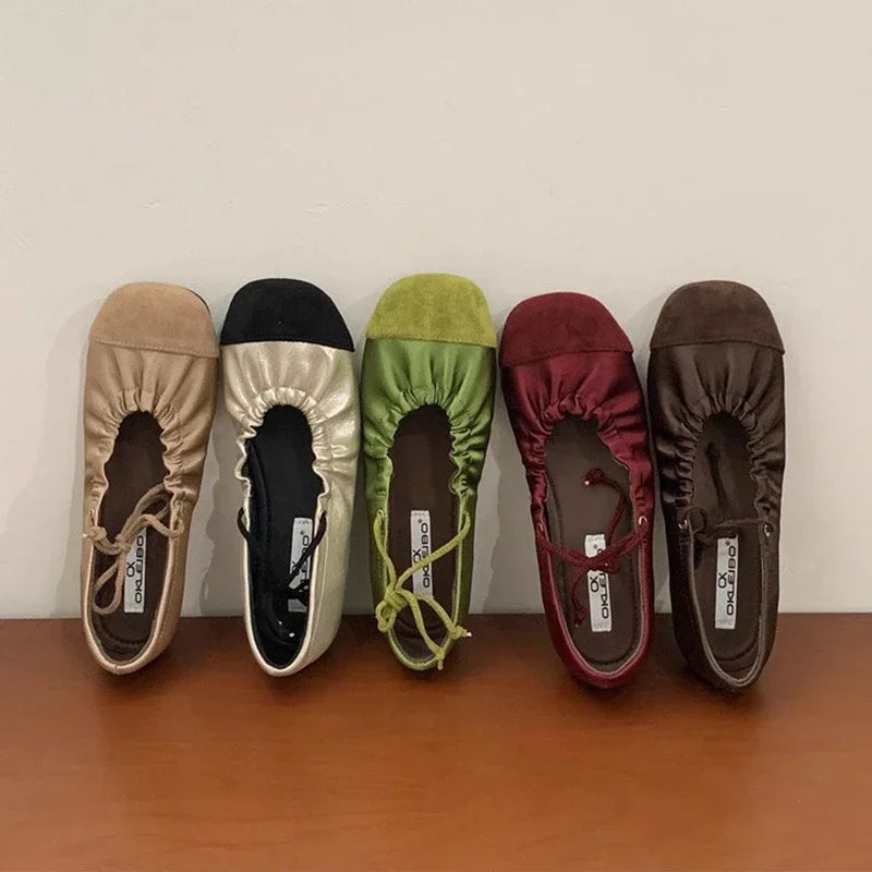 LIZAKOSHT  -  Fashion Ballet Flats Women Round Toe Pleated Satin Casual Shoes Female Shallow Comfort Sweet Design Brand Mary Jane Shoes Women