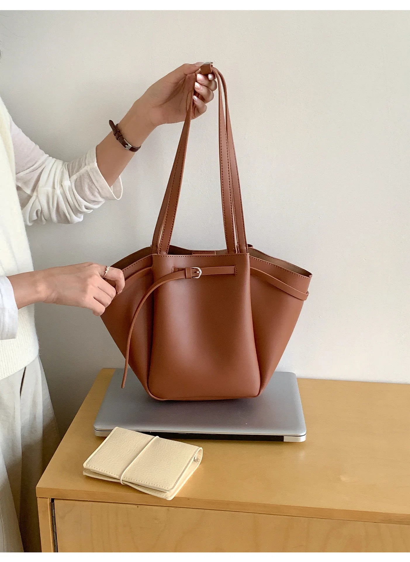 LIZAKOSHT  -  Soft PU Large Capacity Tote Bag Women Fashion Korean Style Commuter Shoulder Bag Solid Color Retro Minimalist Handbag