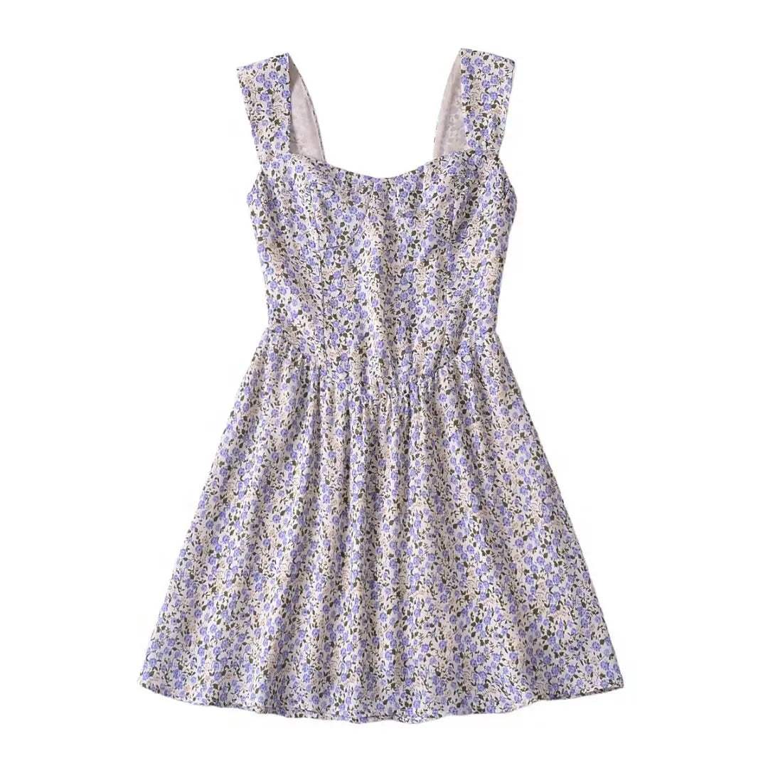 LIZAKOSHT  -  European and American Style Women's New Floral Print Heart-shaped Collar Waist Slim Strap Dress