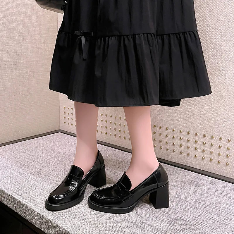 LIZAKOSHT  -  Fashion Shoes New High Quality Genuine Leather Shoes Round Head Coarse Heels High Heels Loafers Shoes Lolita Shoes Women