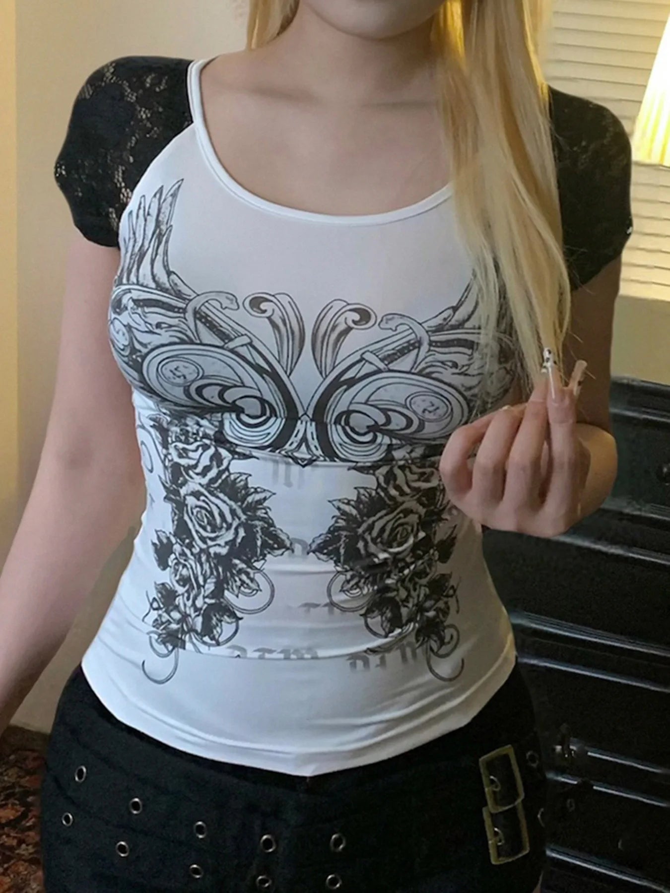 LIZAKOSHT  -  Contrasting Printed Raglan T-shirt Women's Summer Y2K Hot Girls Casual Tight Fitting O-neck Top Fashion Female Clothes