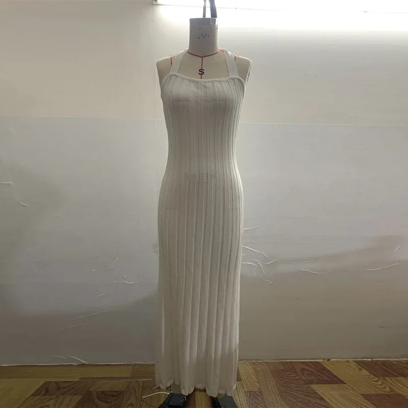 LIZAKOSHT  -  Sexy Knitted Halter Long Dress Women Sleeveless Backless Lace Up Waist Cinching Slim Dresses Lady Summer Chic Casual Party Robes