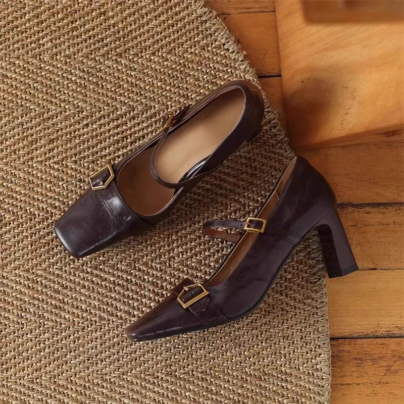LIZAKOSHT  -  Metal Buckle Decoration Mary Jane Shoes Women Comfortable Leather High Heels Elegant Chunky Heel Women Pumps Zapatos De Mujer