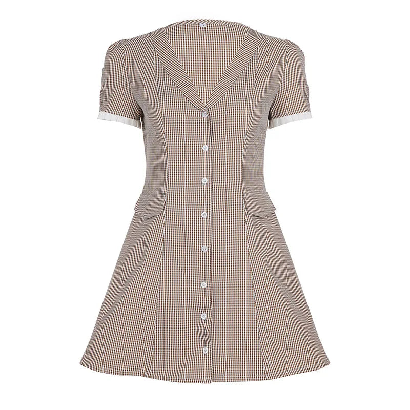 LIZAKOSHT  -  Women's Plaid Contrast A-line Mini Dress Casual Short Sleeve V Neck Vintage Short Dresses New Casual Female Chic Vestidos