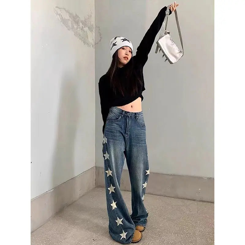 LIZAKOSHT Star Print High Waisted Jeans Woman Street Vintage Hip Hop Mopping Baggy Jeans Women Clothing Casual Straight Women Jeans