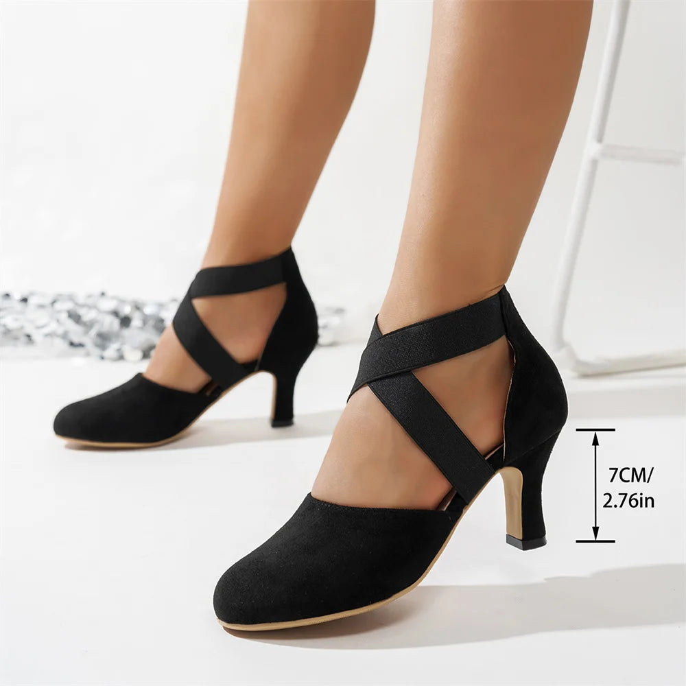 LIZAKOSHT  -  New Vintage Big Size 43 Black Kitten Heels Sandals Women Classic Summer Stretch Cross Strap Dancing Shoes Woman