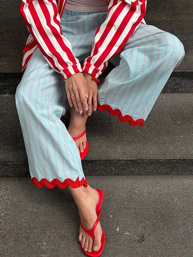 LIZAKOSHT  -  Pants Leg Stripe Women Trousers Adjustable Waist Wrap Loose Summer Floor Length Boho Palazzo Trousers Women Outfit For Women