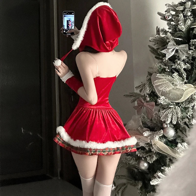  LIZAKOSHT  -  Women Christmas Costume Set Spaghetti Strap Velvet Mini Dress with Hood Gloves Lace Up Belt Xmas Festival Party Cosplay Outfit