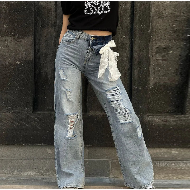 LIZAKOSHT  -  Y2k Bow Lace Ripped Holes Woman's Denim Pants Baggy Wide Leg Jeans Dragging Hollow Out Fashion Chic Casual High Street Pants
