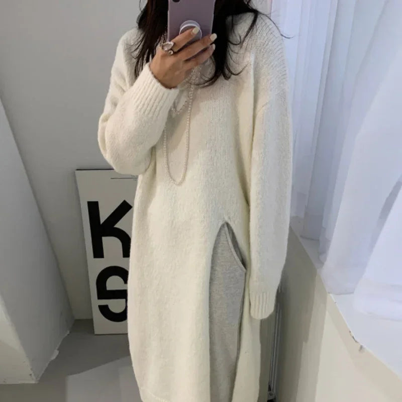 LIZAKOSHT  -  Winter Women Knitted Dress y2k V Neck Sexy Slim Elastic Oversized Basic Bodycon Sweater Dress Winter knit Autumn Warm Long Dress