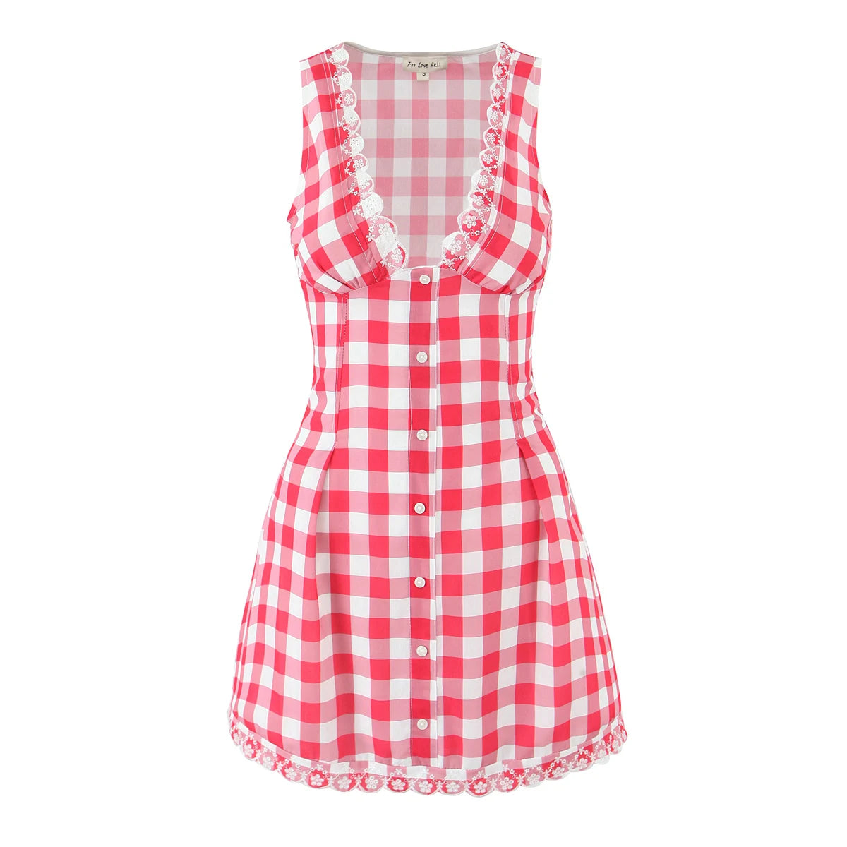 LIZAKOSHT  -  Summer Vintage clothes button up V neck Dress Women white lace Mini Dresses for woman Sleeveless Dress Graduation red plaid