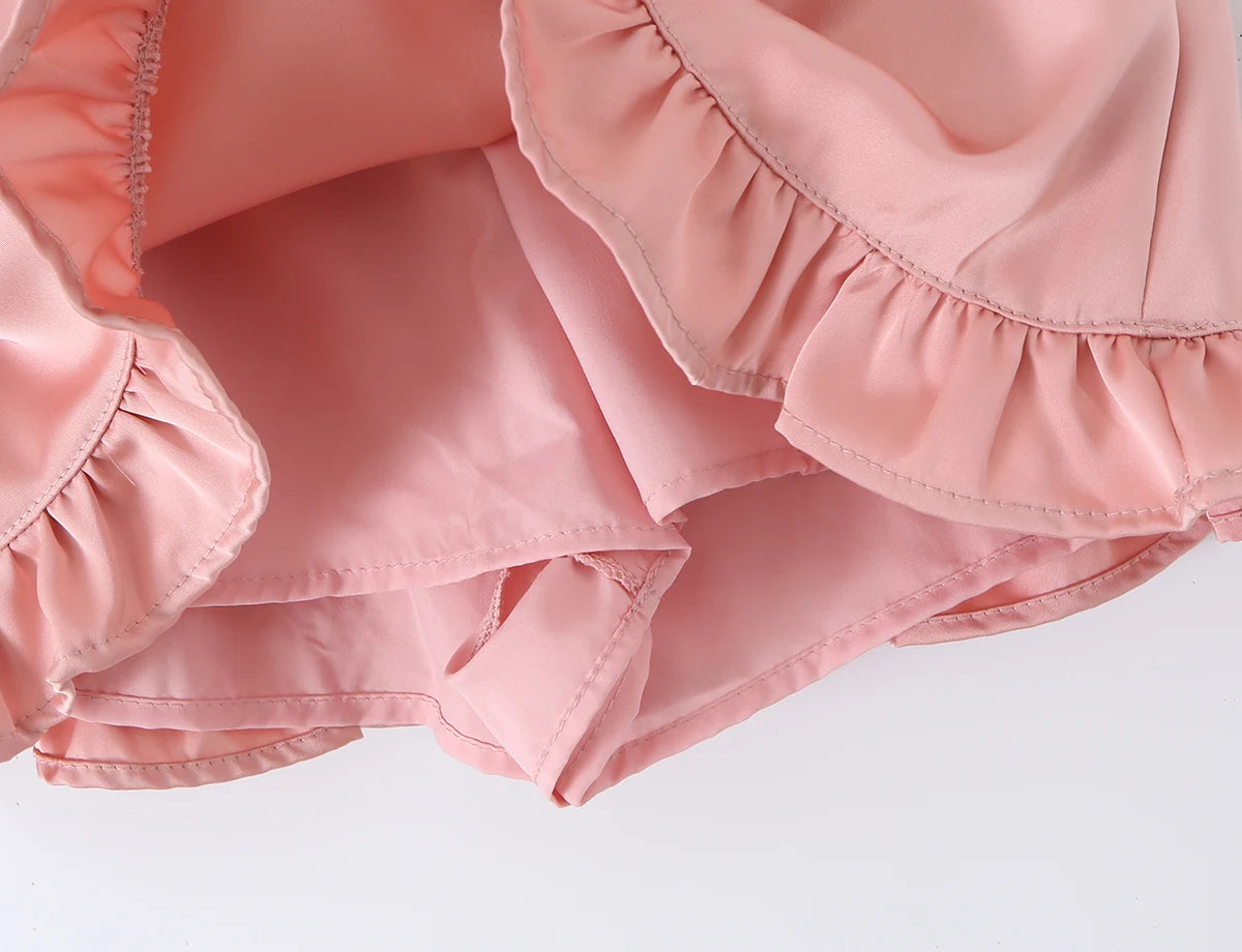 LIZAKOSHT  -  Sexy With Sashes Zipper Waist Satin Skirt With short lining Women Ruffles Hem A-line Package Hips Short Skater Bottom Black Pink