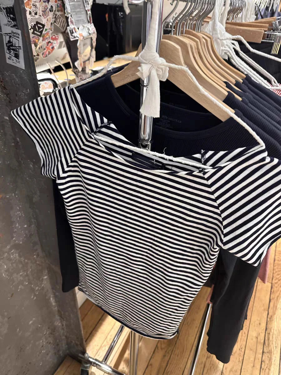 LIZAKOSHT  -  Navy Striped Slash Neck Slim T-Shirt Women New Raw Hem Short Sleeve Cotton Tees Summer Y2k Streetwear Vintage Tshirt Y2k Tops